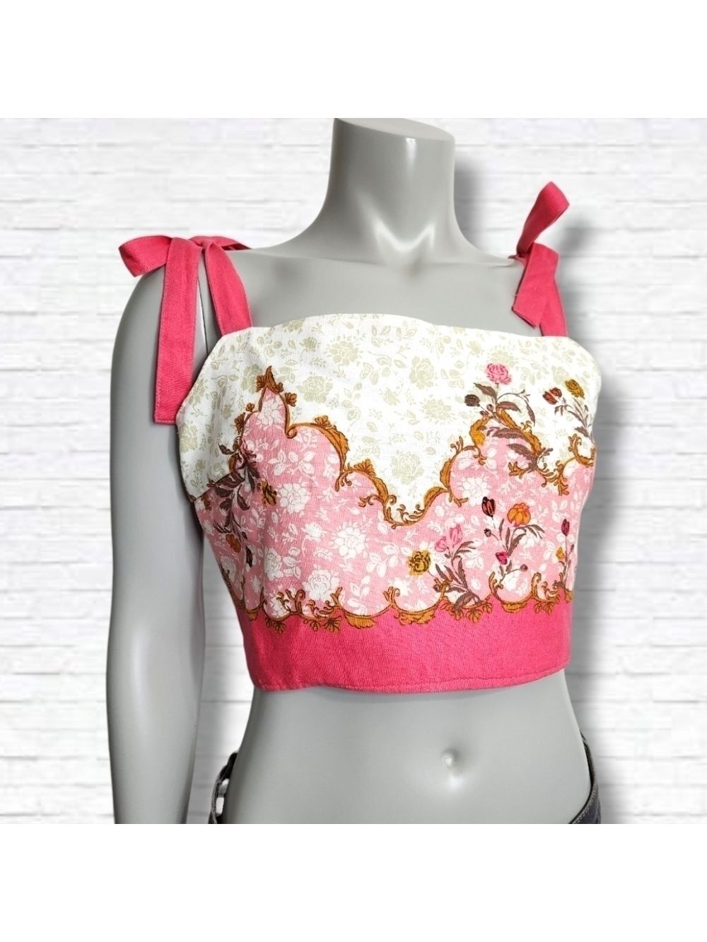 Rachel Zoe Pink Ornate Print Boatneck Tie Strap Crop Top Size L BNWT